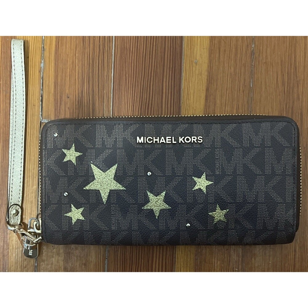 Michael Kors Logo Star Zip-Around Wristlet Wallet Brown/Gold Card Photo Holder